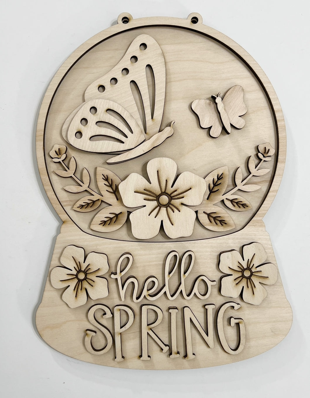 Hello Spring Cute Butterfly Flowers Snow Globe Doorhanger