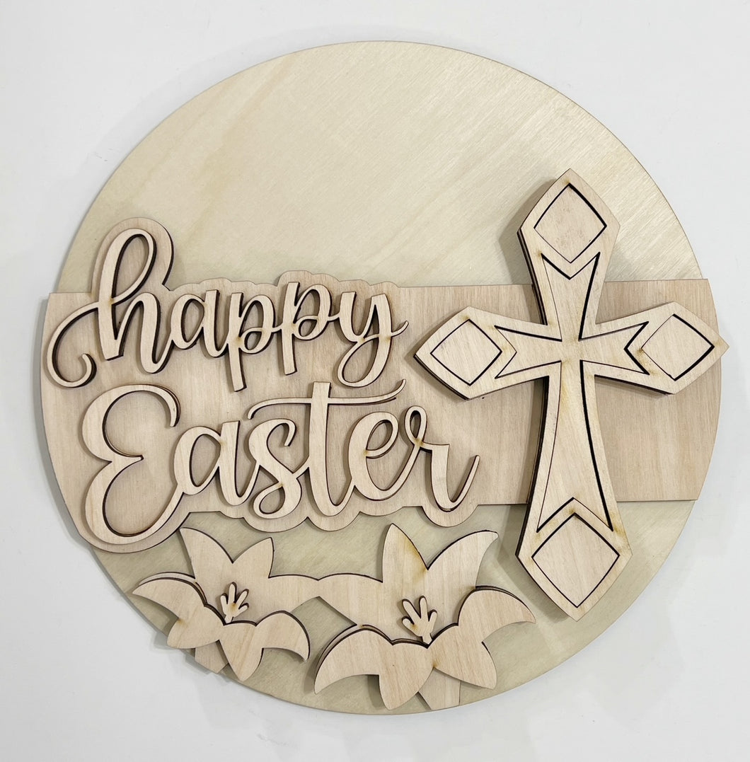 Happy Easter Geometric Cross and Lilies Round Doorhanger
