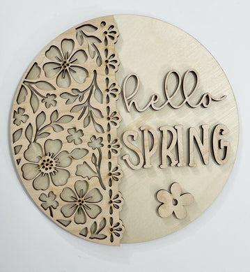 Hello Spring Multi Flower Scalloped Round Doorhanger