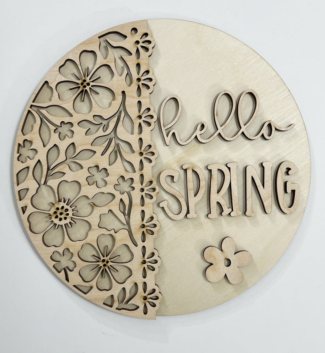 Hello Spring Multi Flower Scalloped Round Doorhanger