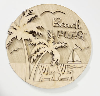 Beach Please Sailboat Palm Trees Sea Gulls Chairs Round Doorhanger
