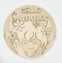 Highland Cow Hello Summer Butterflies and Flowers Round Doorhanger