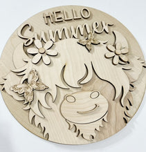 Highland Cow Hello Summer Butterflies and Flowers Round Doorhanger