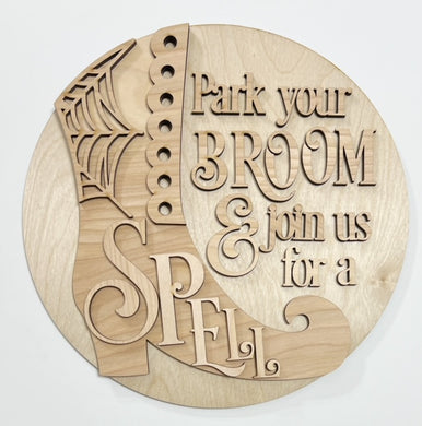 Park Your Broom & Join Us For A Spell Halloween Witches Boot Spider Web Round Doorhanger