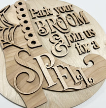 Park Your Broom & Join Us For A Spell Halloween Witches Boot Spider Web Round Doorhanger