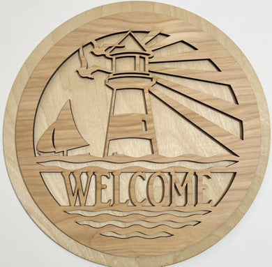 Welcome Lighthouse Sailboat Waves Round Doorhanger