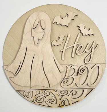 Hey Boo Tall Ghost and Bats Halloween Round Doorhanger 12