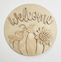 Fall Pumpkin Sunflower and Bird Welcome Round Doorhanger 12"