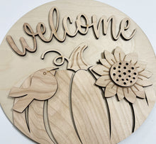 Fall Pumpkin Sunflower and Bird Welcome Round Doorhanger 12"