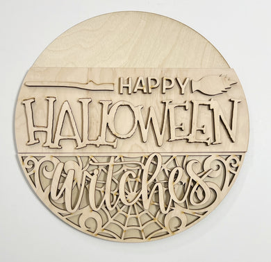 Happy Halloween Witches Spiderweb Broom Round Doorhanger 12