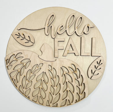 Hello Fall Textured Pumpkin and Leaves Round Doorhanger 12