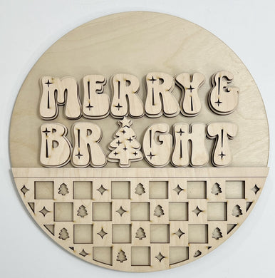 Merry & Bright Bubble Letters Checkered Round Doorhanger 12