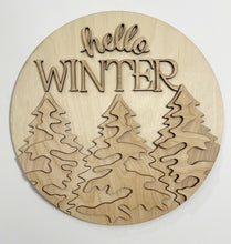 Hello Winter Snowy Pine Trees Round Doorhanger 12"