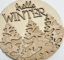 Hello Winter Snowy Pine Trees Round Doorhanger 12"