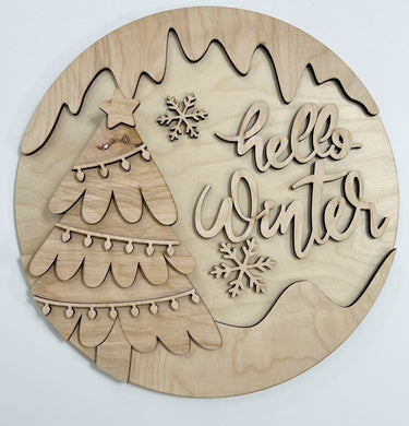 Hello Winter Cute Christmas Tree and Snowflakes Round Doorhanger 12