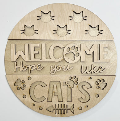 Welcome Hope You Like Cats Kitten Pawprint Fish Bone Round Doorhanger