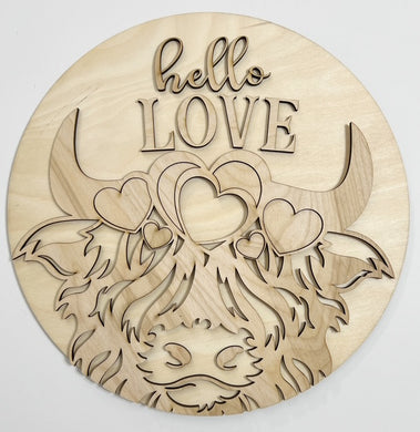 Hello Love Highland Cow Valentine Hearts Round Doorhanger