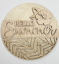 Hello Summer Hibiscus Palm Leaves Round Doorhanger