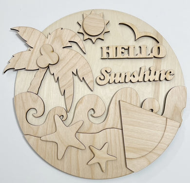 Hello Sunshine Palm Tree Coconuts Waves Starfish Watermelon Summer Round Doorhanger