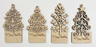 Double Layered Merry Christmas Delicate Trees Christmas Ornament Charms Tags Set of 4