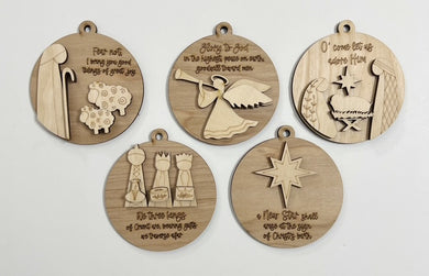 Double Layered Religious Nativity Christmas Ornament Charms Tags Set of 5