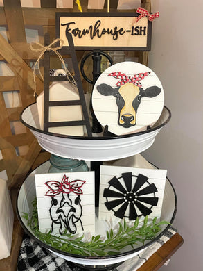 Farmhouse-ish Cow Rooster Tiered Tray Set