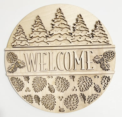 Welcome Forest Pinecone Winter Round Doorhanger