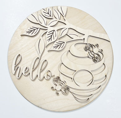 Honey Bee Hive on a Branch Hello Round Doorhanger