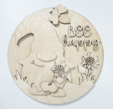 Bee Happy Gnome Sunflowers Round Doorhanger