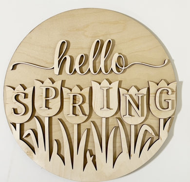 Hello Spring Tulips in Grass Round Doorhanger