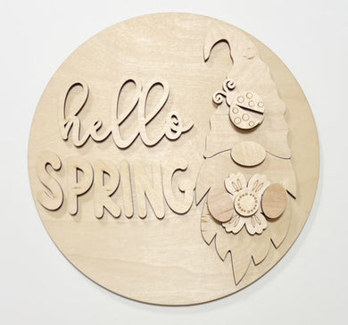 Hello Spring Gnome with Flowers and Ladybug Round Doorhanger