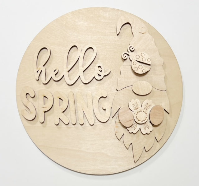 Hello Spring Gnome with Flowers and Ladybug Round Doorhanger