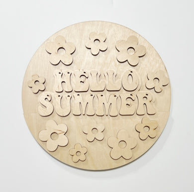 Hello Summer Retro Flowers Round Doorhanger