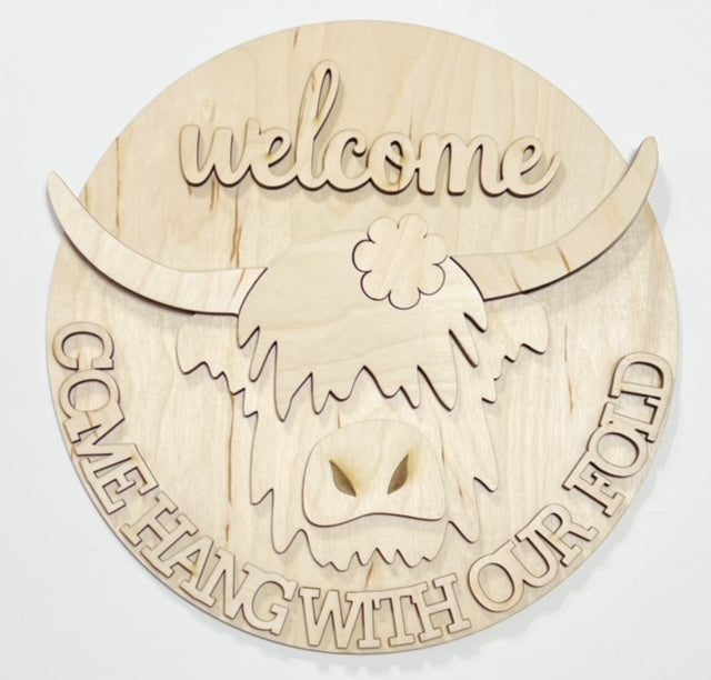 Highland Cow Welcome Come Hang With Our Fold Round Doorhanger