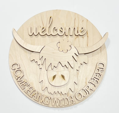 Highland Cow Welcome Come Hang With Our Herd Round Doorhanger