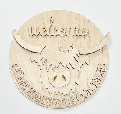 Highland Cow Welcome Come Hang With Our Herd Round Doorhanger