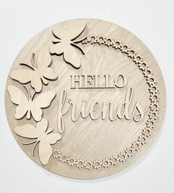 Hello Friends Flower Ring Butterflies Round Doorhanger