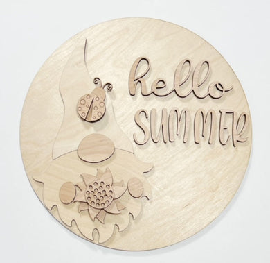 Hello Summer Gnome With Sunflower and Ladybug Round Doorhanger