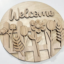 Welcome Flower On Fence Tulips Daisies Round Doorhanger