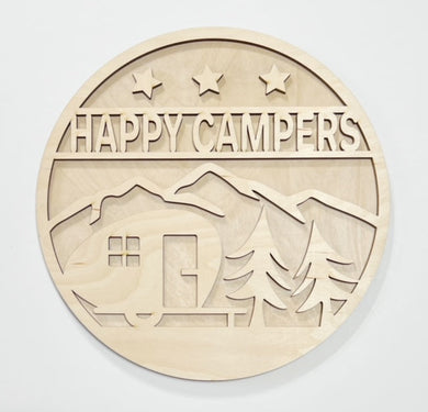 Happy Campers Mountains Camper & Trees Round Doorhanger