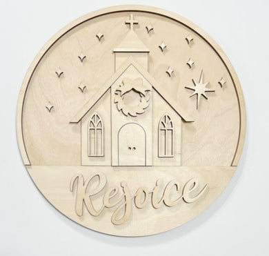 Rejoice Christmas Church and Stars Round Doorhanger