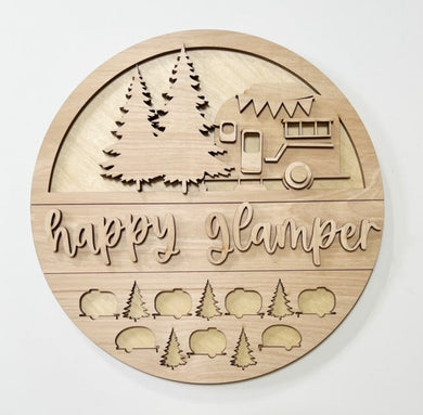 Happy Glamper Camper Pine Trees Round Doorhanger