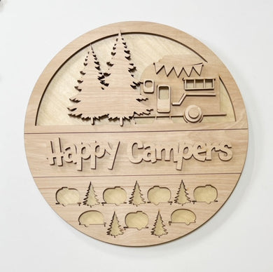 Happy Campers Camper Pine Trees Round Doorhanger