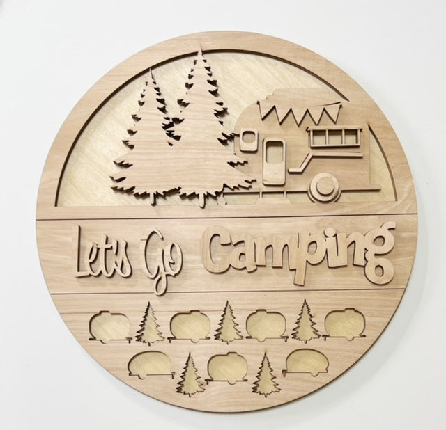 Let's Go Camping Camper Pine Trees Round Doorhanger