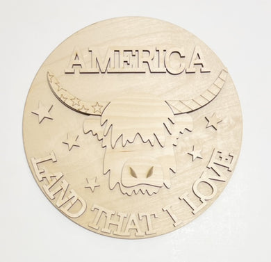 America Land That I Love Highland Cow 4th of July Round Doorhanger