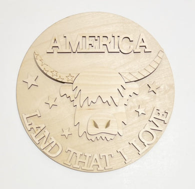 America Land That I Love Highland Cow 4th of July Round Doorhanger