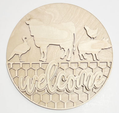 Welcome Farm Animals Chicken Wire Cow Pig Chicken Round Doorhanger