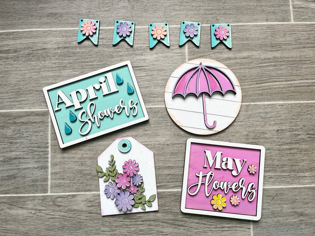 Spring April Showers May Flowers Umbrella Tiered Tray Set