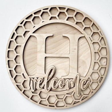 Monogram Welcome with Honeycomb Border Round Doorhanger / Sign