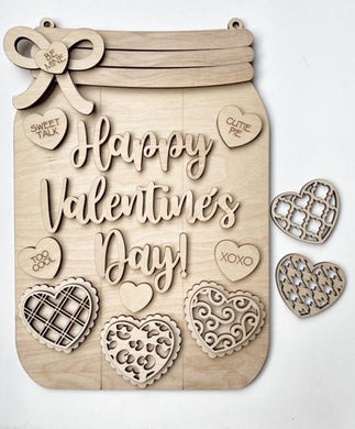 Happy Valentine's Day Mason Jar with Heart Cutouts Doorhanger / Sign